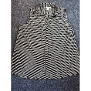 Dana Buchman Womens XL Sleeveless Button Up Blouse Black Ivory Geometric Pattern